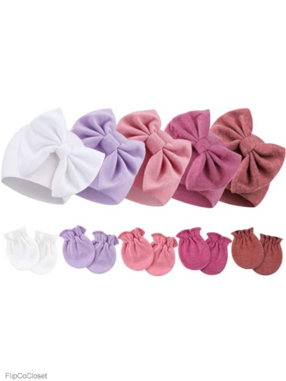 Newborn Baby Girls Bow Hats Mittens Set Cotton Hospital Beanie Infant